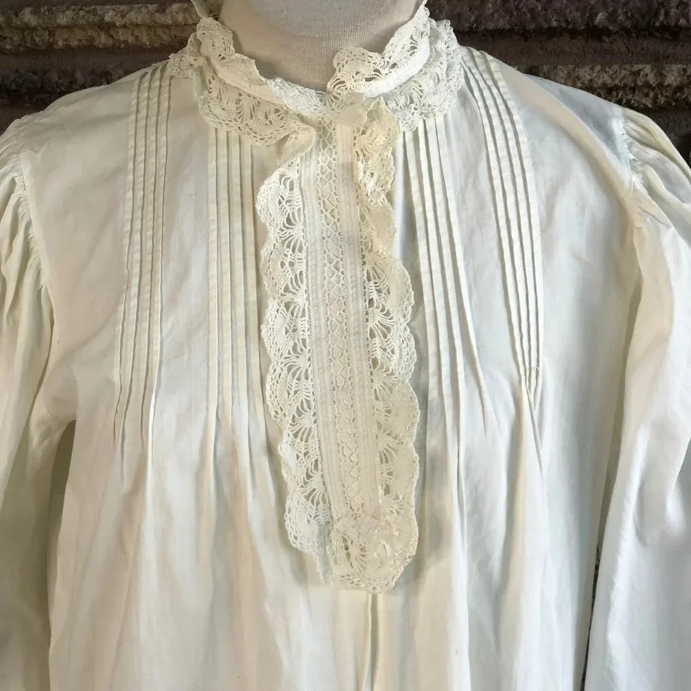 Antique 1900s Victorian Modest 100% Cotton Handmade Lace Collar Cuffs Nightgown - Picture 3 of 9